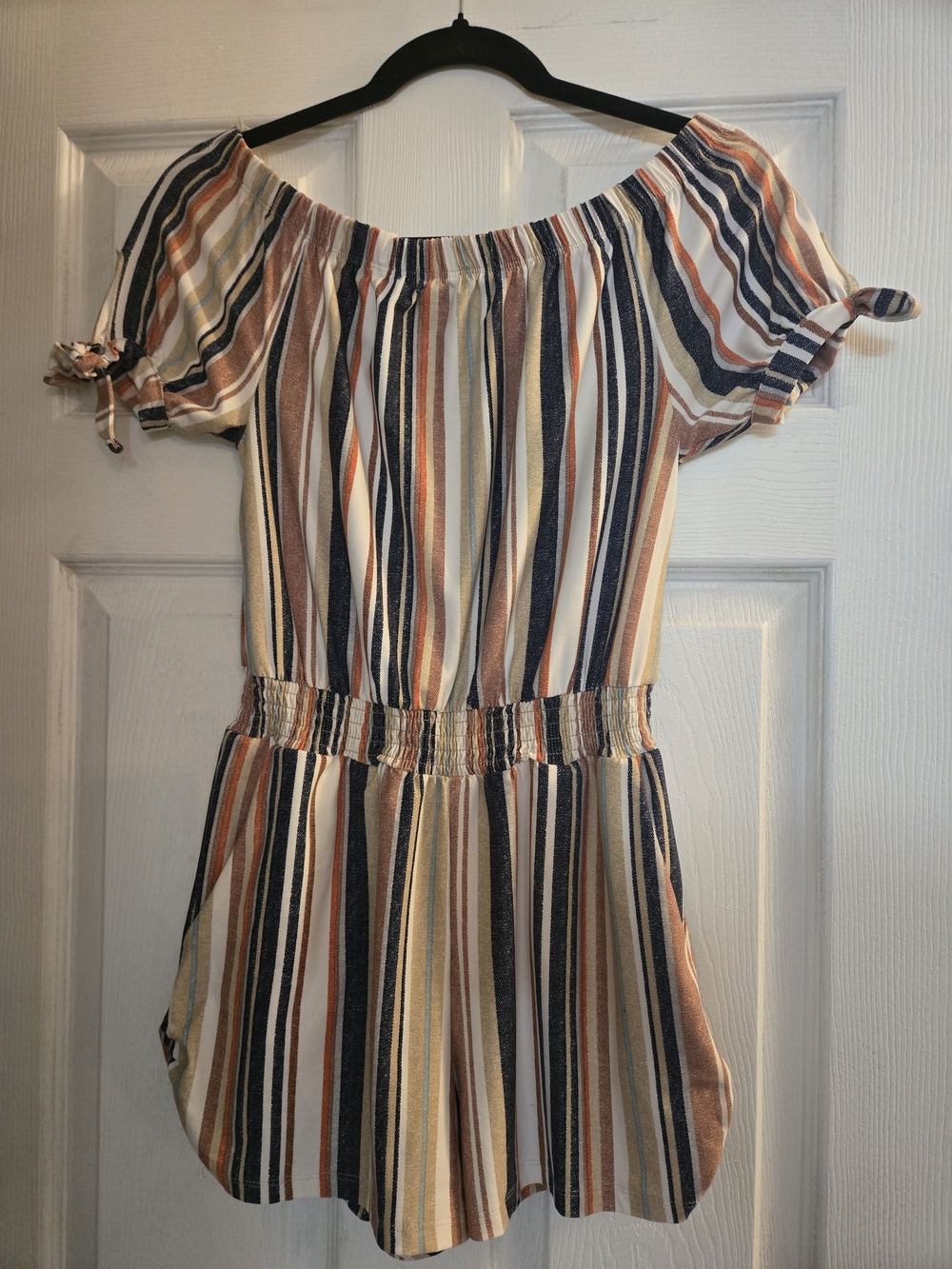 Striped Off-Shoulder Romper in Navy, Rust & Cream